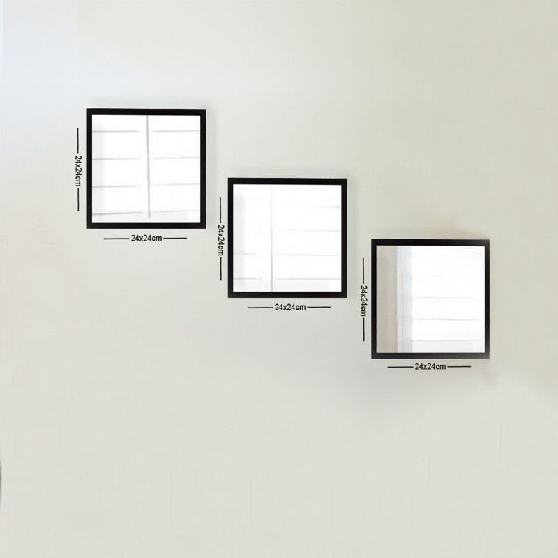 Elegant 3-Piece Mirror Set, 24 x 24 inches | 100% Glass with Laminated Plastic Frame, Thickness: 0.16 inches | Stylish Silver & Black Design, Perfect for Home Décor, Living Room, and Entryway Wall Art