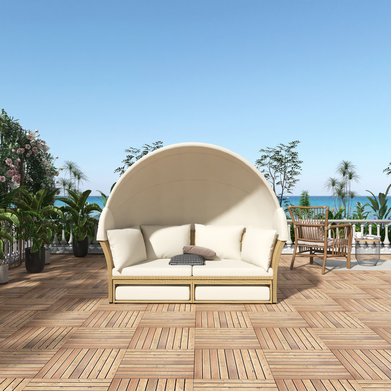 Ensemble de canapé d'extérieur en rotin pour lit de jour double en rotin d'osier avec auvent rétractable et 4 coussins, beige