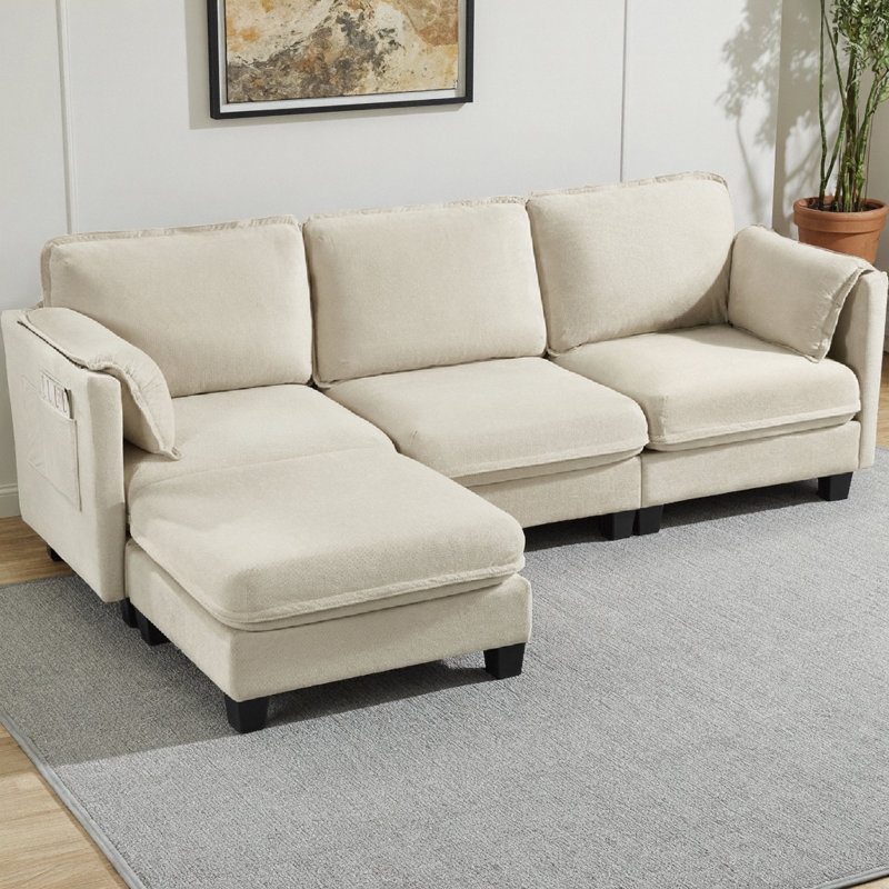 Canapé modulaire en L rembourré en tissu avec repose-pieds et coussins de rangement, canapé 3 places pour le salon, le bureau et les espaces spacieux