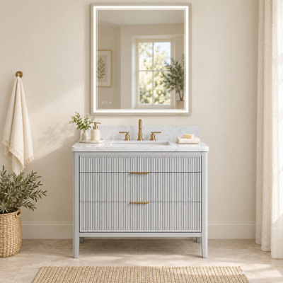 Meuble-lavabo sur pied gris mat de 91 cm (36 po) avec lavabo intégré et miroir de courtoisie à DEL de 91 x 122 cm (36 x 48 po).
