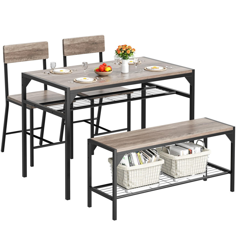 Ensemble de salle à manger 4 pièces pour 4 personnes avec banc, chaises et support de rangement, structure en métal, Grey