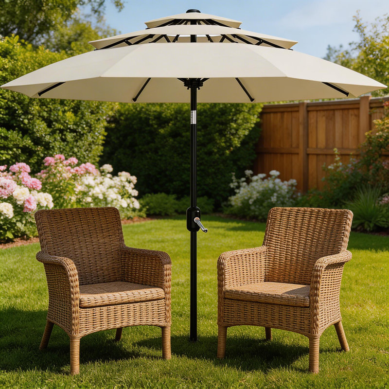 Parasol de patio à 3 niveaux 10 pi avec évents, manivelle et inclinaison faciles, Navy