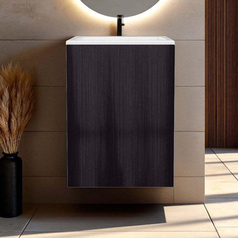 Meuble-lavabo compact en chêne naturel à 2 tablettes avec porte simple, Naturel