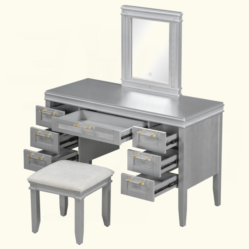 Vanity Desk With Mirror And LED Lights, 7-Drawer Makeup Station With Cushioned Stool And Hollow Design For Efficient Bedroom Organization.