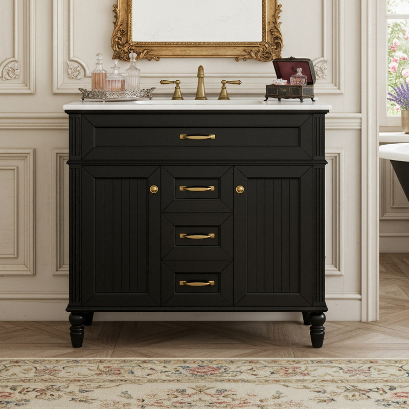Ensemble de meuble-lavabo simple sur pied 36 po avec lavabo en céramique, armoire avec portes à fermeture en douceur, plateau basculant et 2 tiroirs