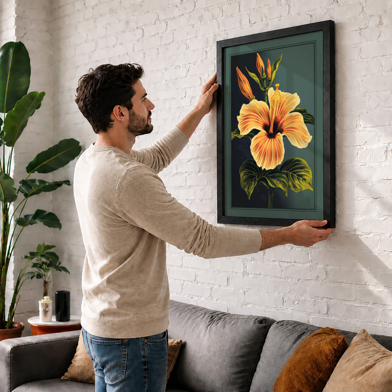 Golden Hibiscus Botanical - Print, A1 - 84.1 x 59.4 cm, Black