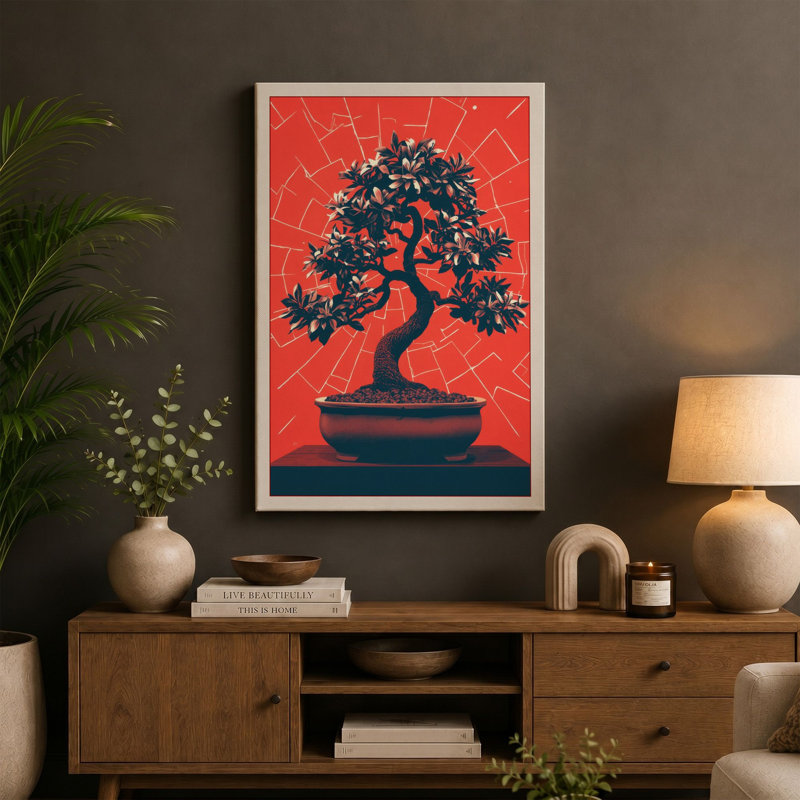 Bonsai in Red Light Japandi 1 Piece Wrapped Canvas Wall Art, 30x20 - 76.2 x 50.8 cm, Terracotta Border