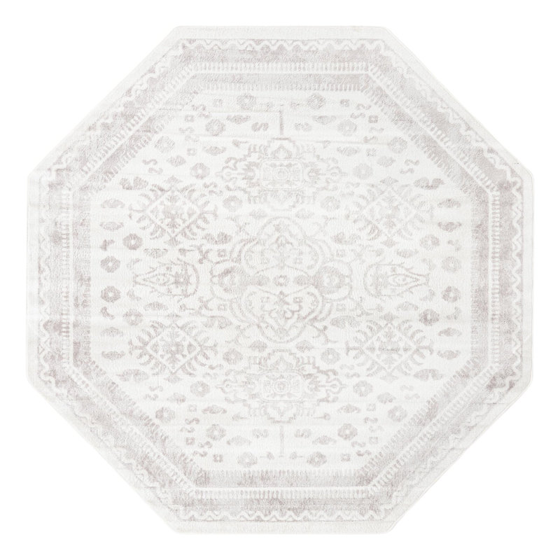 Tapis oriental en polypropylène gris / ivoire Ervine, Octogone 7 pi 1 po x 7 pi 1 po