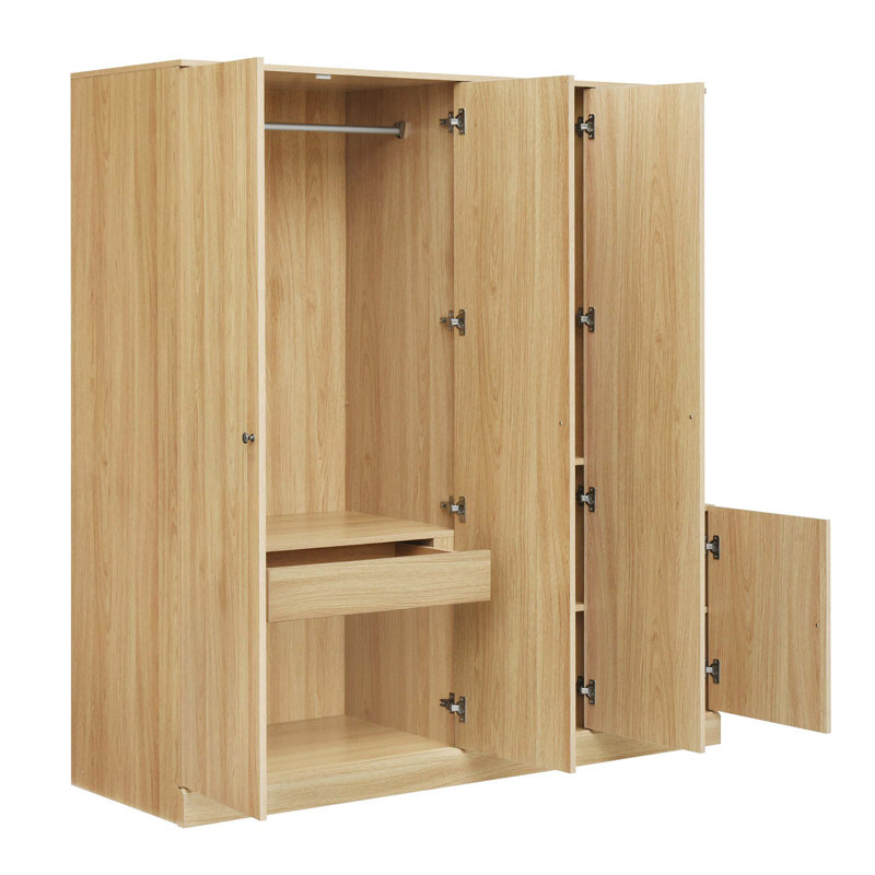 Armoire 4 portes avec tablettes, tiroirs et miroir pleine grandeur, Naturel