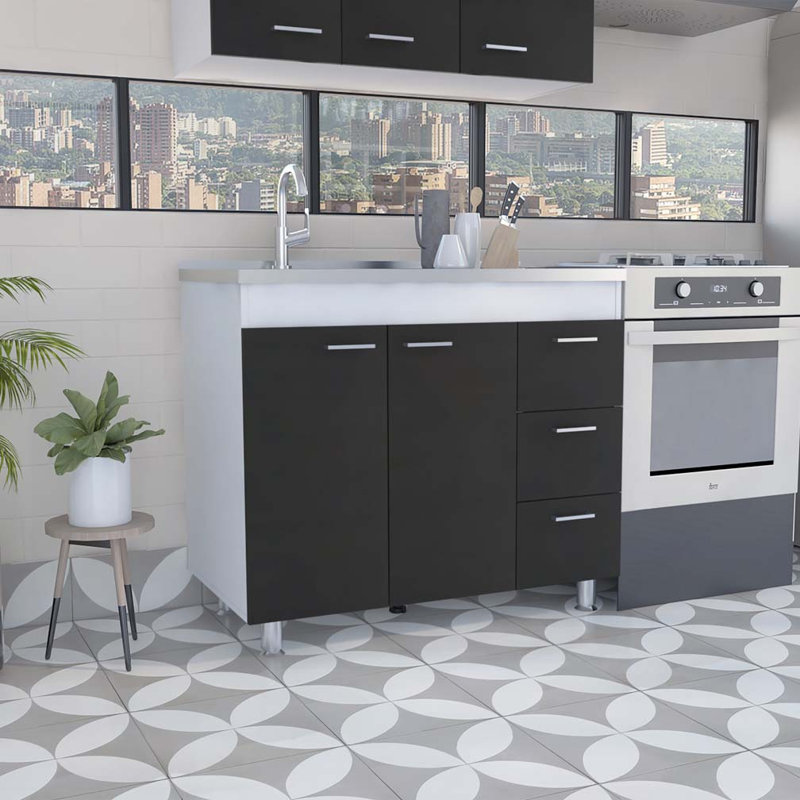Armoire inférieure à 3 tiroirs Lengue blanc et wengé noir