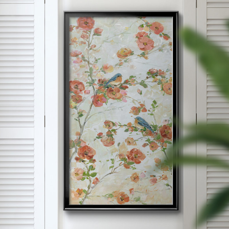 Bluebirds and Blossoms - Peinture sur toile encadrée, H 14,5 po x l 26,5 po x P 1,5 po, Cadre noir