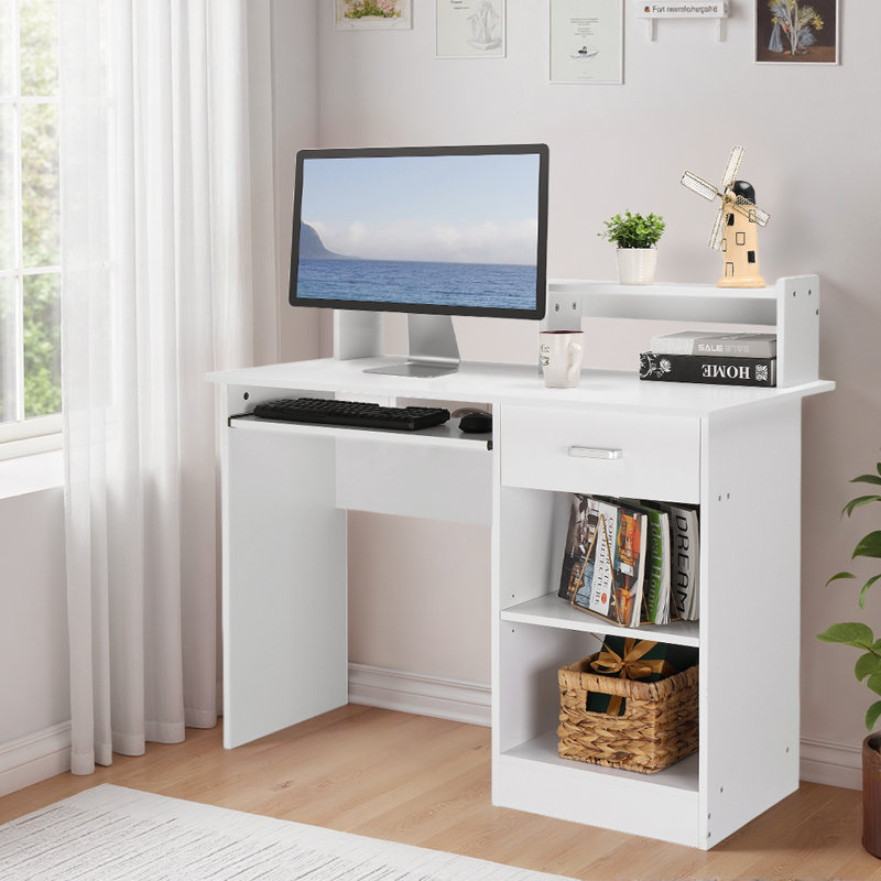 FCH White 43.31in Particle Board with Embossed Melamine, One Drawer and Two Shelves, with Keyboard Tray, Computer Desk 