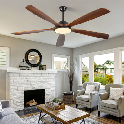 Ventilateur de plafond encastré 72 pouces avec télécommande et DEL intégrées, 5 pales en bois réversibles au fini noir pour le patio et le salon