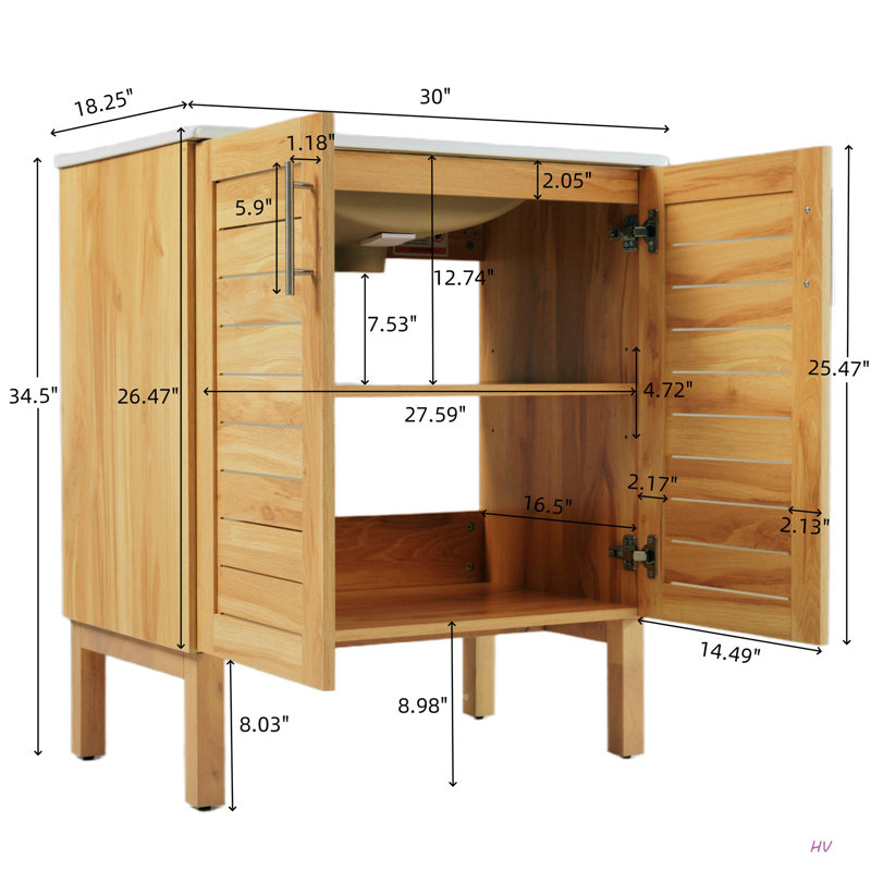 Meuble-lavabo antique de 30 po avec lavabo en céramique, meuble-lavabo moderne Mid-Century avec 2 portes à fermeture en douceur et grand espace de rangement, ensemble de meuble-lavabo simple autoportant rétro