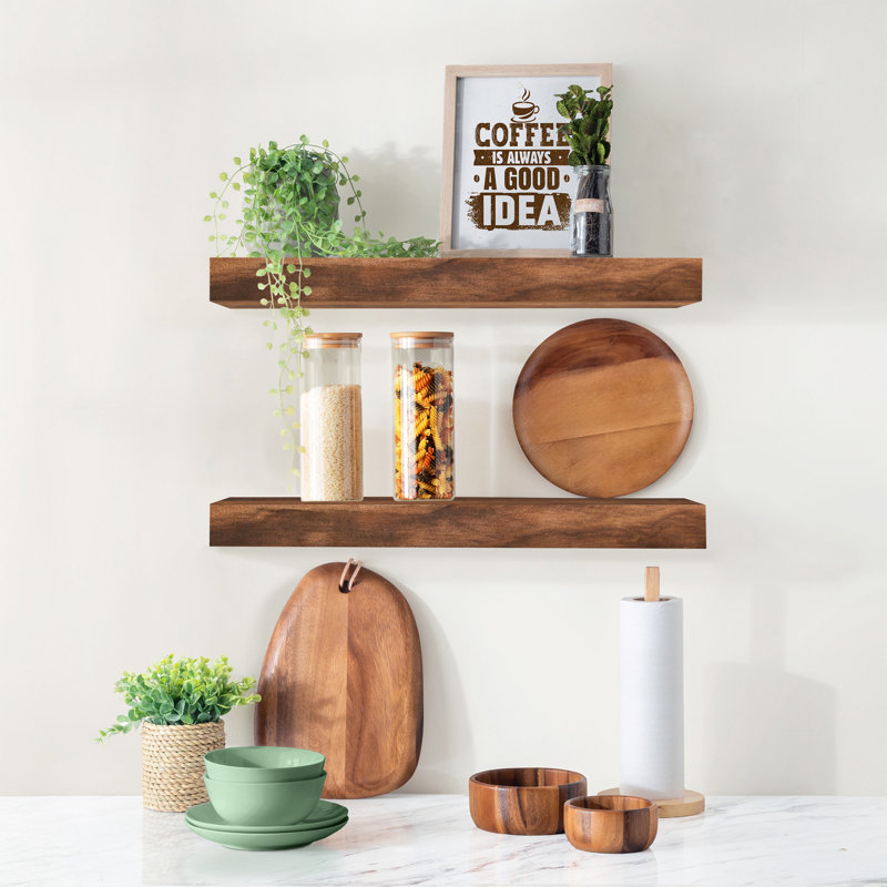 Sorbus Wood Floating Shelves for Wall - Long 24” Solid Wood Wall Shelves for Bathroom Decor, Books, Bedroom & Living Room - Set of 2. Brown
