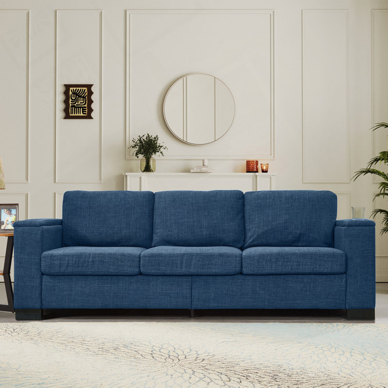 Canapé rembourré en polyester avec porte-gobelet et canapé de rangement, Bleu, H 34,6 po x l 93,7 po x P 32,3 po