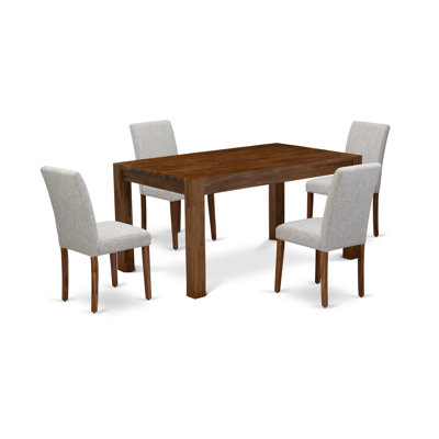 Cet ensemble de table de salle à manger 5 pièces comprend une table rectangulaire en bois rustique et 4 chaises revêtues de tissu de lin, 36 x 60 po, noyer naturel