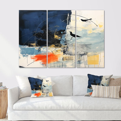 Deux oiseaux dans des tons de bleu - ensemble d'art mural abstrait paysage