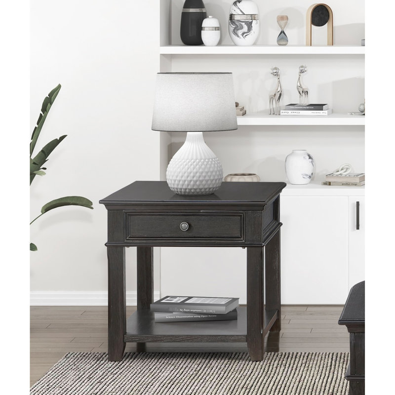 Table en bois classique avec finition gris anthracite, tiroir, tablette et options de chargement