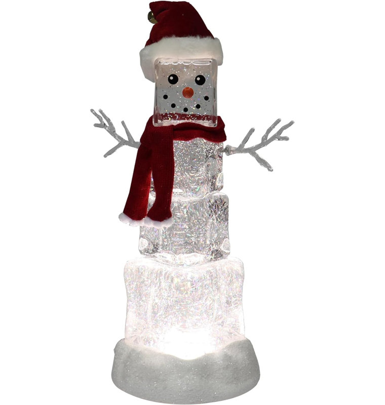 Bonhomme de neige en forme de cube de glace en acrylique 13,5 "de haut - lumières DEL, paillettes tournantes, décorations de Noël à piles