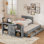 Lit simple de taille double avec bureau, tablette de rangement, lit gigogne et 3 tiroirs