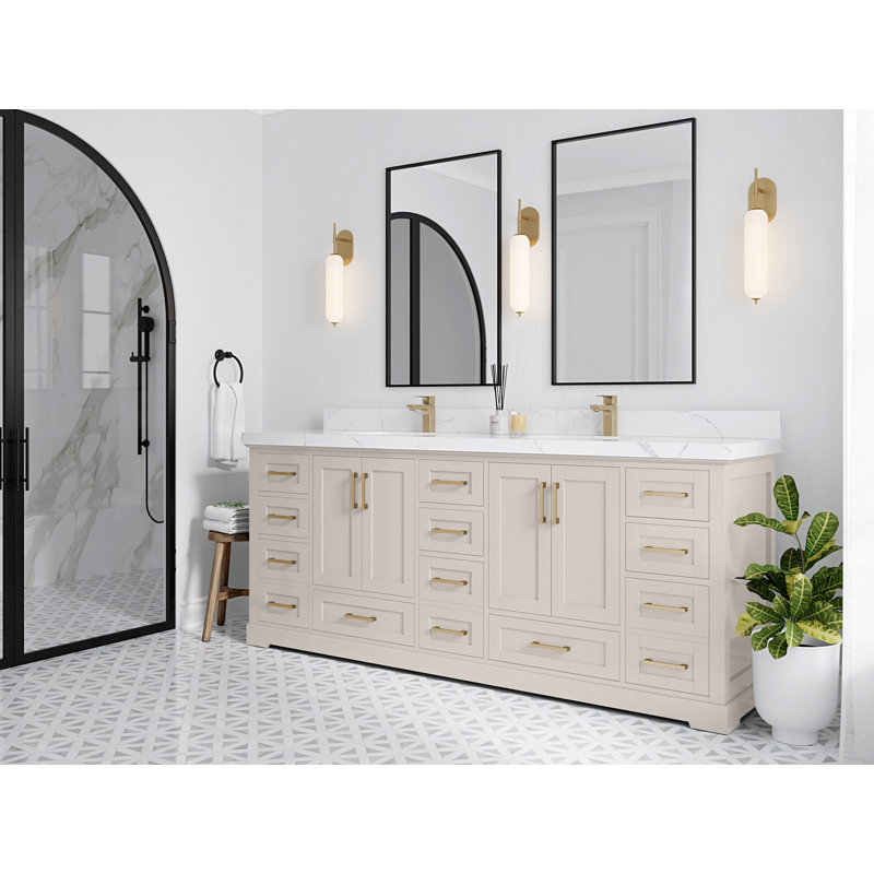 Boston 84 In. W X 22 In. D Double Sink Bathroom Vanity With 2 In. Piatra Quartz, Berkshire Brass