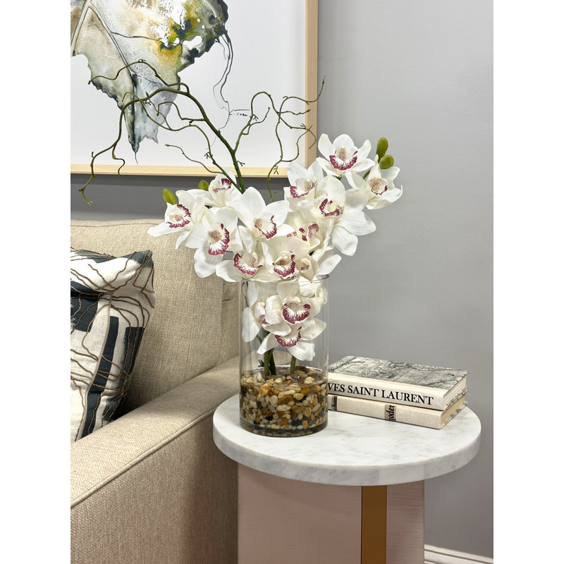 Orchid Arrangement in Glass Vase with Rocks, White