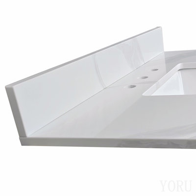 Plateau de meuble-lavabo en quartz 37 po, lavabo central encastré à simple cuve de 3/4 po d'épaisseur, dosseret de 4 po de hauteur, 1 trou de robinet pré-percé, résistant aux taches et à la chaleur, quartz blanc de Carrare avec veines