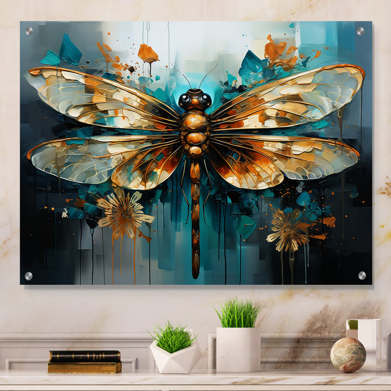 Bleu sarcelle, turquoise, libellule, gouttes I - libellule acrylique, art mural moderne, H 12 po x l 20 po