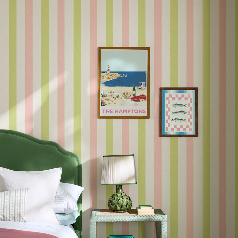 Joules Multi Stripe Green/Blue Wallpaper, Pink
