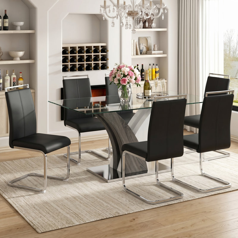 7-Piece Modern 63" Rectangular Tempered Glass Dining Set with Faux Leather Cantilever Chairs, Black