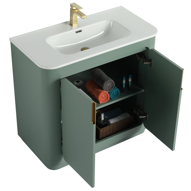 Atticus 36 Inch Bathroom Vanity with Sink, Green/Satin Brass