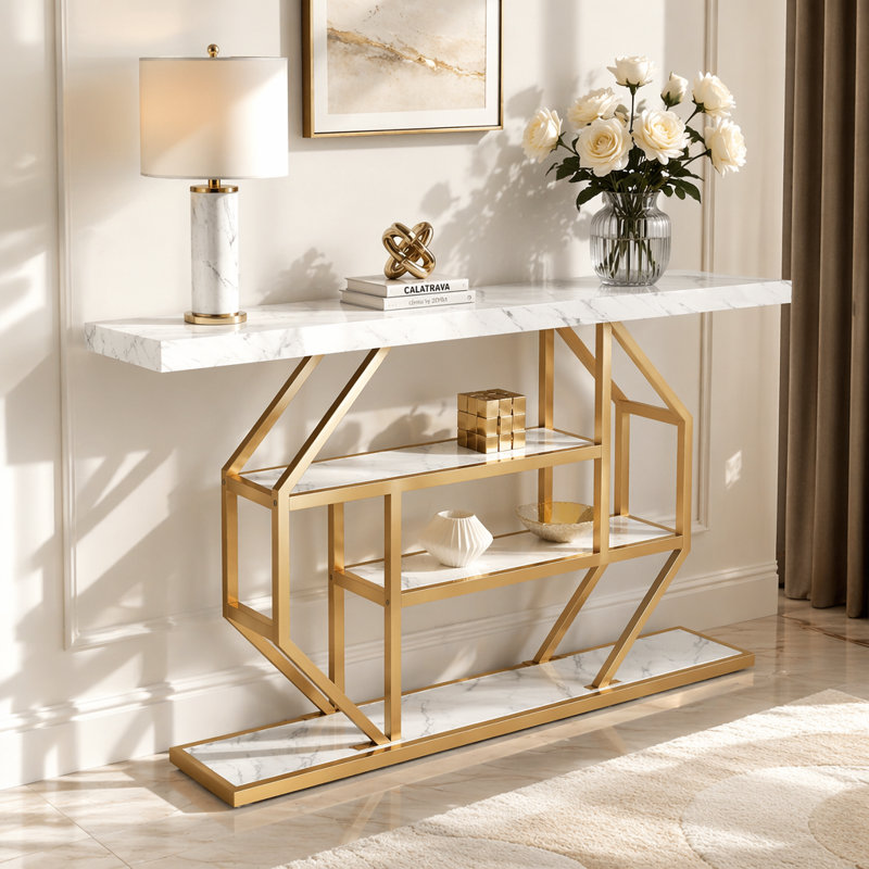 Table d'appoint 70,9 po, canapé doré moderne derrière le canapé avec rangement à 4 niveaux, table d'appoint en faux marbre blanc pour le salon, le couloir et l'entrée