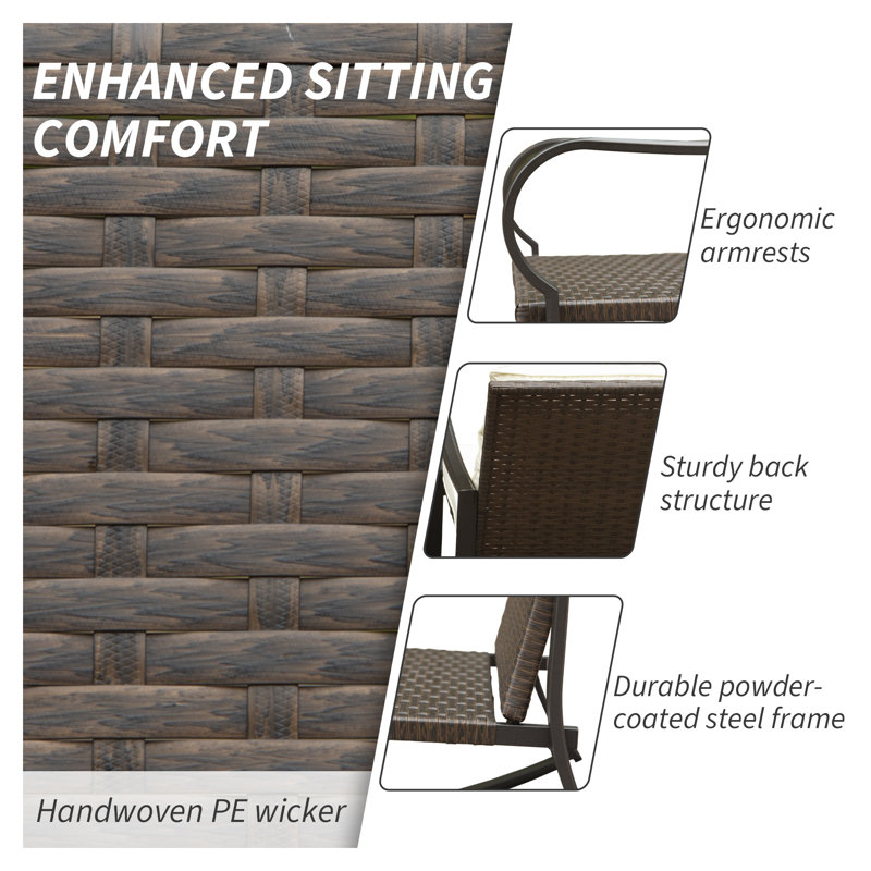 Metal 2-Person Outdoor Patio Rocking Seating Group with Cushions - All-Weather Wicker Conversation Set, Brown, White