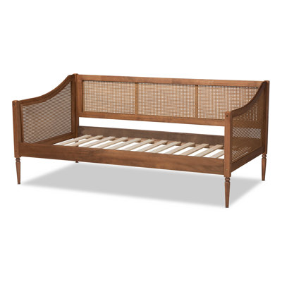 Ogden Mid-Century Modern Walnut Brown Finished Wood and Synthetic Rattan Twin Size Daybed