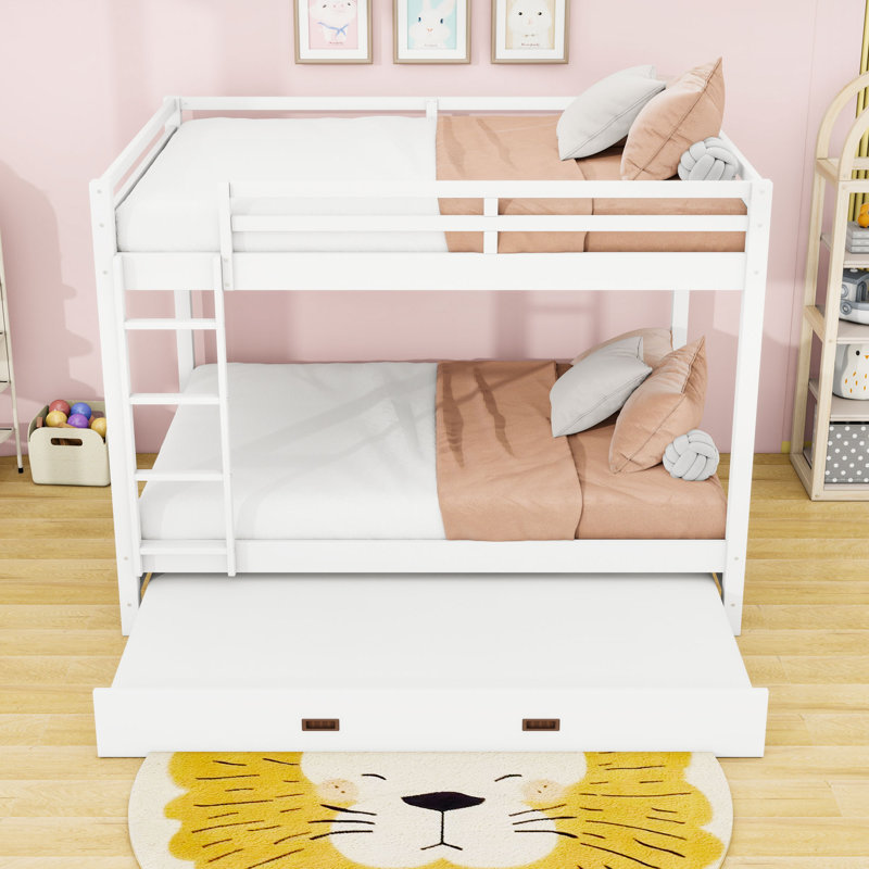 Queen Wood Bunk Bed With Trundle, White