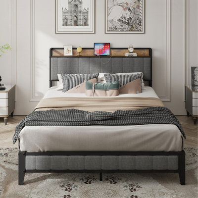 Full Size Bed Frame With Charging Station, Upholstered Headboard, Metal Platform, Grey
