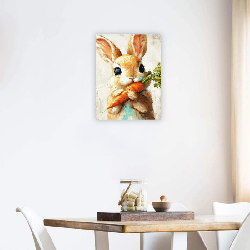 18 "X 24" Lapin de Pâques, reproduction de peinture rustique mignonne de lapin brun tenant une toile de carotte fraîche, cadre mural en bois massif