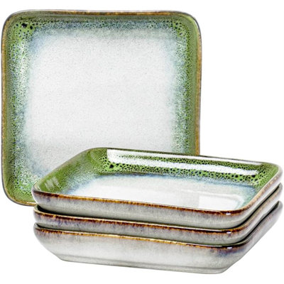 Petites assiettes carrées en céramique de 6,3 po - Ensemble de 4 assiettes à dessert, apéritif et collation allant au micro-ondes et au lave-vaisselle - vert glacis réactif