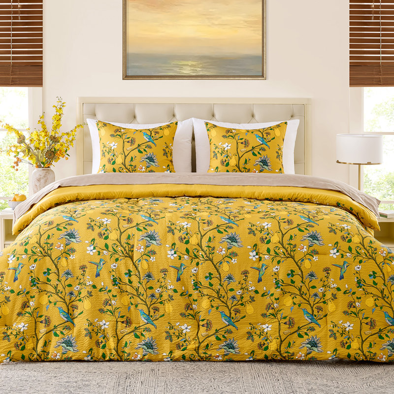 Floral Comforter Set 3 Pieces Seersucker Botanical hummingbird Patterned, Cute Bedroom Comforter and 2 Shams Suitable for all seasons