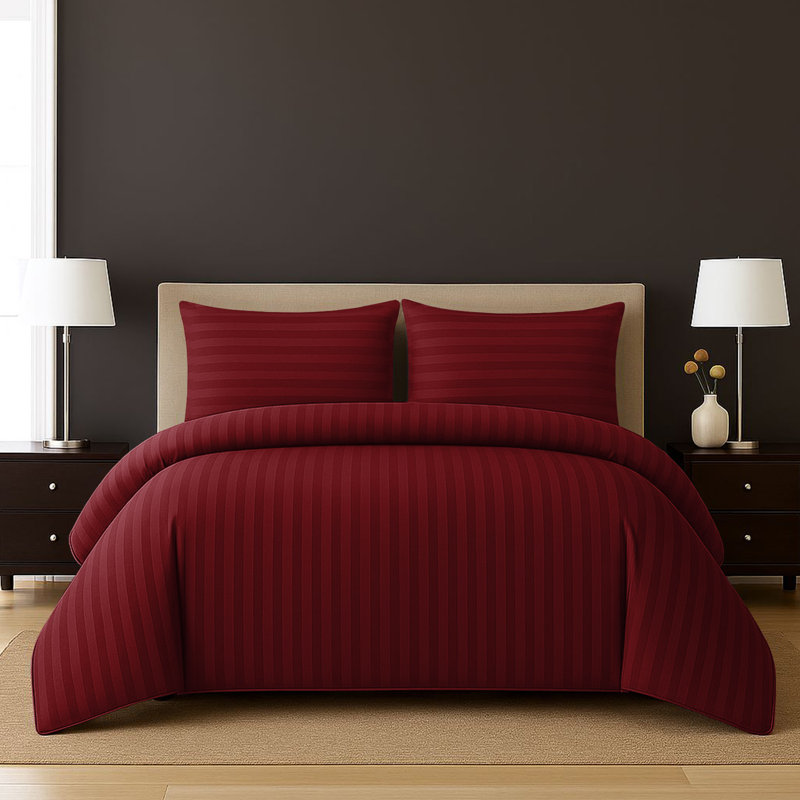 Haffa Microfiber Striped Duvet Cover Set with Pillowcases, Burgundy, Double Duvet Cover + 2 Standard Pillowcases