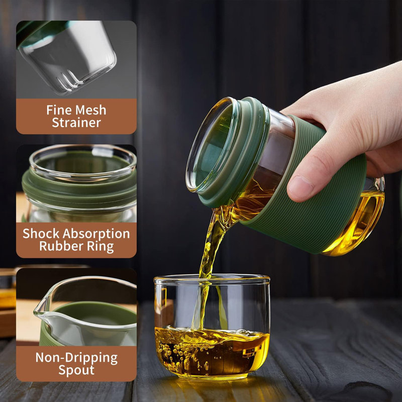 Service à thé portatif moderne de voyage - verre borosilicaté avec étui de transport imperméable, infuseur et 2 tasses à thé pour le voyage, le bureau et les cadeaux