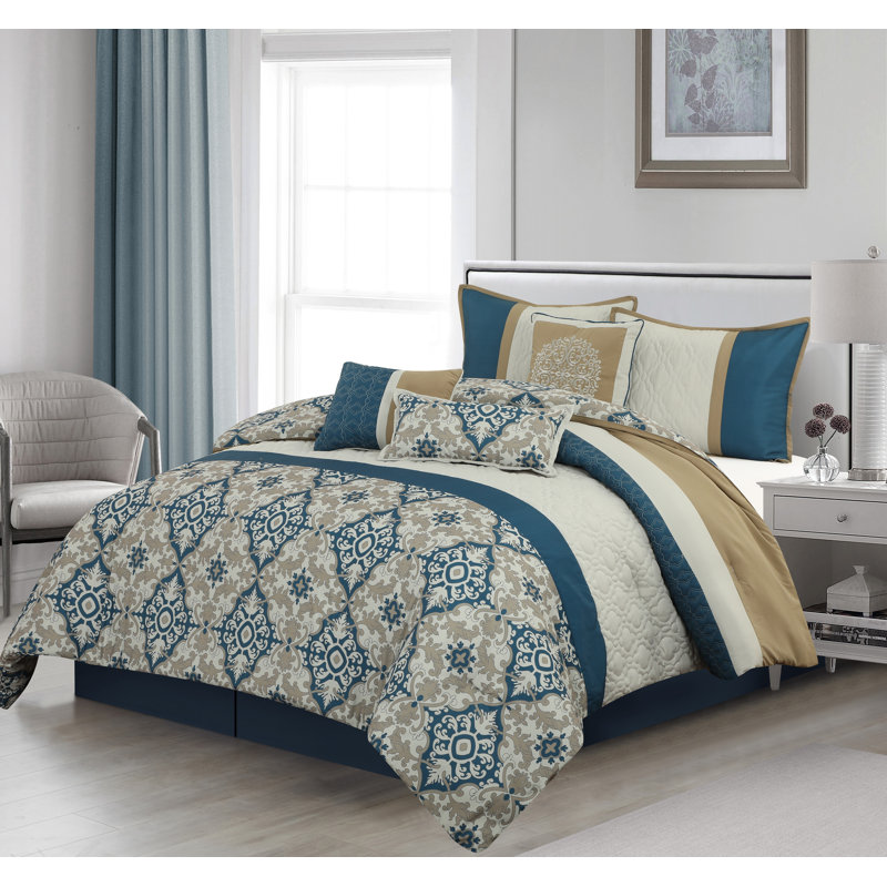 Queen Blue and Beige Microfiber Damask Comforter Set