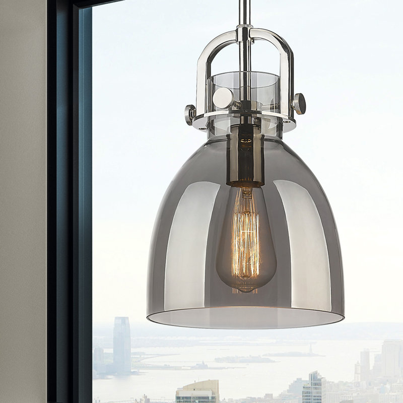 Luminaire suspendu sur tige 1 lumière Wimbush, Nickel poli, Plaqué couleur fumée, H 9,63 po x l 8 po x P 8 po