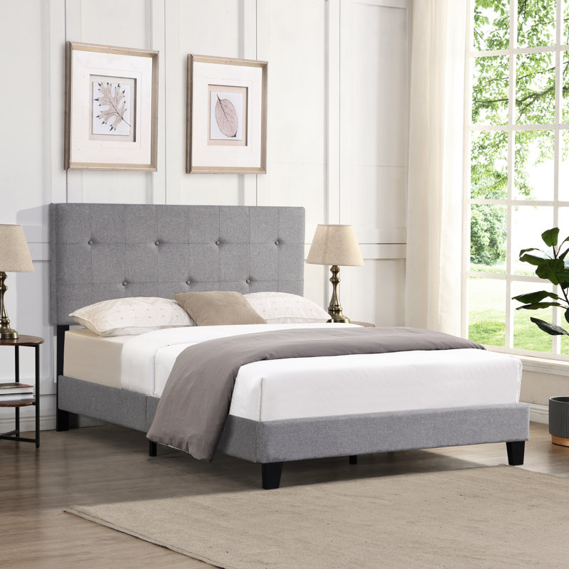 Structure de lit double moderne - rembourrée avec tête de lit à boutons en lin sans sommier à lattes en bois facile à assembler Support gris capitonné aspect gris