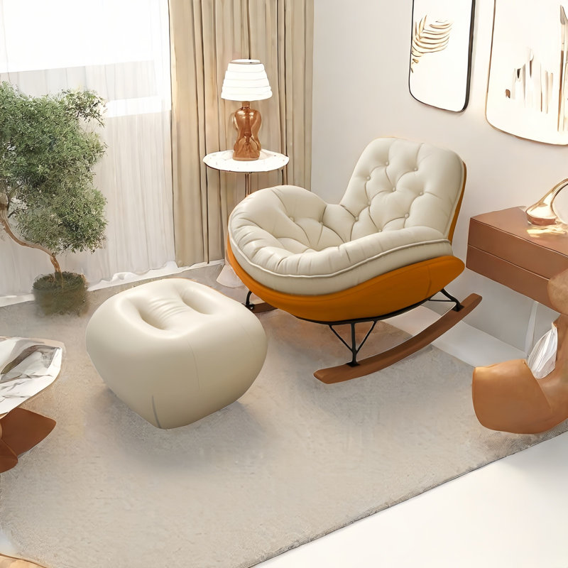 Chaise berçante moderne avec repose-pieds, Blanc cassé; orange