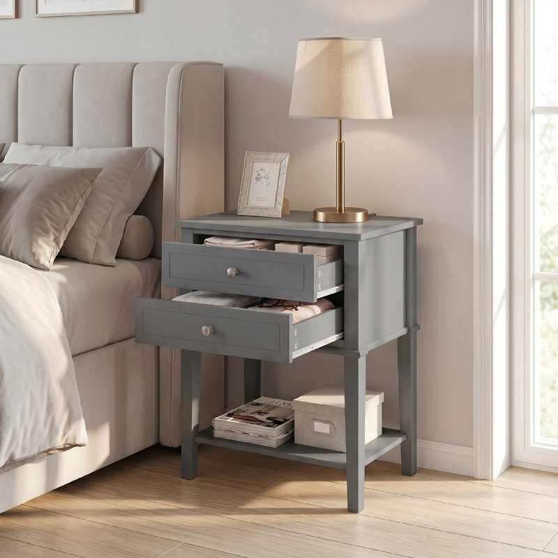 Table de chevet 28 po à 2 tiroirs avec tablette de rangement, gris, Gris