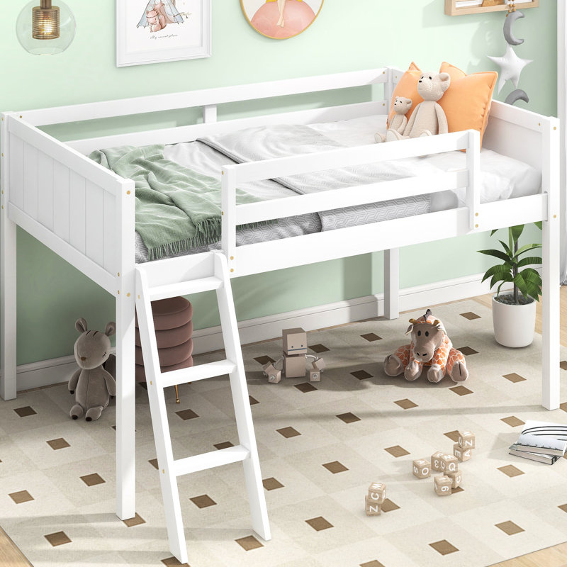 Lit mezzanine simple avec installation en bois et finition en bois blanc, Lit simple, Blanc