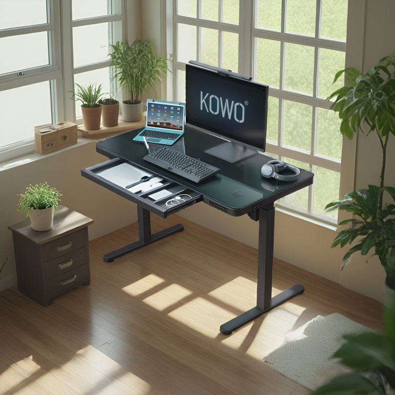 48" Black Glass Electric Height Adjustable Standing Desk with Drawer