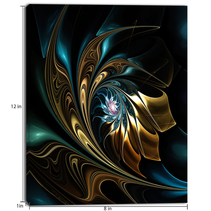 Fleur noire dorée moderne - art mural fleur fractale, impression avec fleur noire, H 32 po x l 16 po, Toile tendue